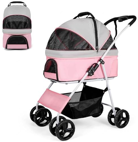 Hundekinderwagen mit Abnehmbarer Tragetasche 3-in-1 Zusammenklappbarer Haustier-Kinderwagen für Kleine Mittelgroße Hunde und Katzen mit Aufbewahrungskorb Leichter Hundewagen,Pink