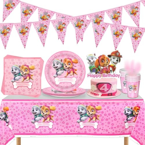 Hund Patrol Deko Mädchen, Partygeschirr Kindergeburtstag, 73 Stück Pappgeschirr Set mit Pappteller, Becher, Servietten, Tischdecke, Banner, Rosa Geschirrset für Kinder Geburtstage (10 Personen)
