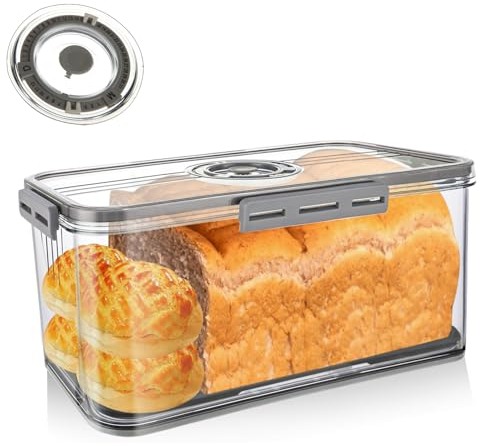 YOUNTHYE Bread Bin Airtight Bread Box, Plastic Bread Bins for Kitchen Small Bread Storage Containers with Lid and Air Valve, Time Recording Bread Box Grey Bread Bin for Bun Bagel Sandwich