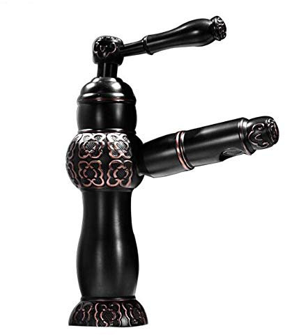 Badarmaturen for Waschbecken mit herausziehbarer Brause aus Messing, europäischer Stil, schwarze Bronze, antik, geschnitzt, ausziehbar, Waschbecken, Warm- und Kaltwasserhahn-kurz(Short)