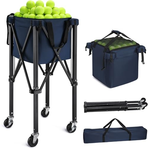 TOBWOLF Tolva plegable para pelotas de tenis, canasta portátil para 160 pelotas con ruedas silenciosas, soporte de pelota de pickleball de gran capacidad mejorado, carrito de pelota de tenis para
