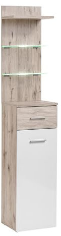 Lomadox Garderobenschrank Kommode mit Regalböden und Beleuchtung, Eiche mit weiß Hochglanz