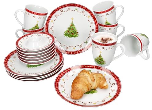 MamboCat Weihnachtstraum 18tlg Frühstücksset I Je 6x kleine Frühstücksteller, Kaffeebecher & Eierbecher mit Ablage für 6 Personen mit Weihnachtsdekor