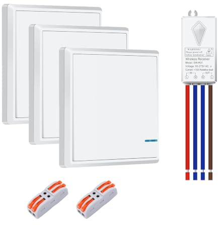 NineLeaf Interrupteur sans fil avec récepteur,3 interrupteur radio lumière | Interrupteur mural sans fil,portée RF 400m,10A 1000W,solution va-et-vient pour lampes,escaliers,garage et cave
