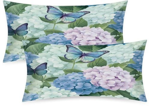 Mexpekil Butterfly Hydrangea Flowers 2 Pack Satin Pillowcase for Hair and Skin, Smooth Like Silk Pillowcases, Pillow Case Covers King Size 20x40 in for Bedroom