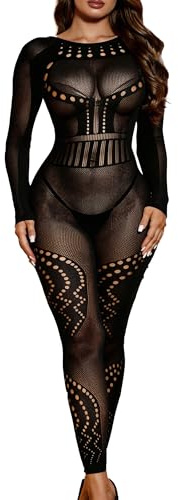 XIUSEMY Womens Lingerie Fishnet Bodystocking Attached Stockings Soft Bodysuit Sexy Nightwear Plus Size(Black)