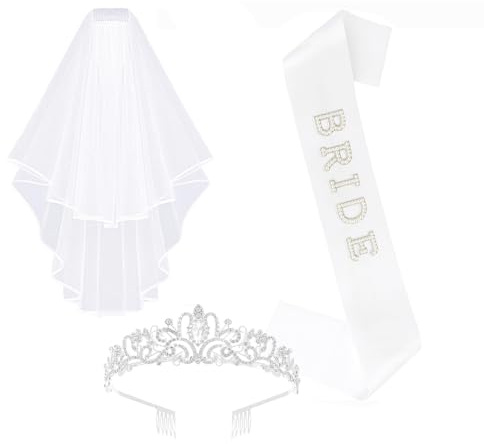 Ruispeed 3 Stück JGA Accessoires Frauen – Bride to Be Schärpe, Brautschleier mit Kamm, Hochzeitskrone für Bachelorette Party, Polterabend & Junggesellinnenabschied Deko