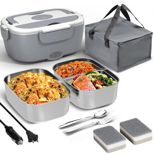 Contenitore elettrico per il pranzo per lavoro, 12 V/24 V/110-220 V, scaldavivande per auto, camion, esterni, con 2 contenitori in acciaio inox, potabile, per adulti, campeggio, colore grigio