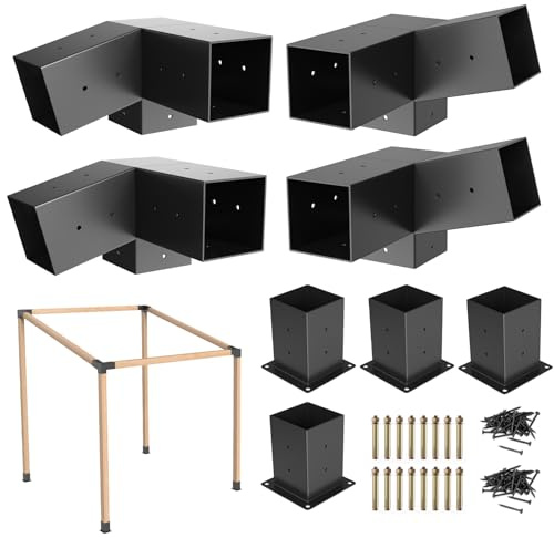 TFMUZERT 15° Slanted Roof Pergola Brackets, 3-Way Roof Wall Mount Extension Pergola Kit, 4''x4'' Wood Post Base Bracket, Corner Bracket for Gazebos, Patio Pergolas, Log Cabin (8PCS)
