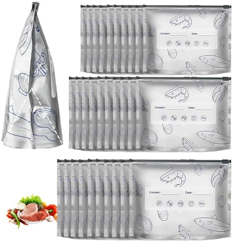 30Pcs Re-sealable Aluminium Foil Bags, 3 Sizes Reusable Mylar Freezer Bags for Food Storage, Zip Lock Long Lasting Freshness, Sealable Food Bag with Label for Frozen Meat Vegetables Sandwiches Snacks