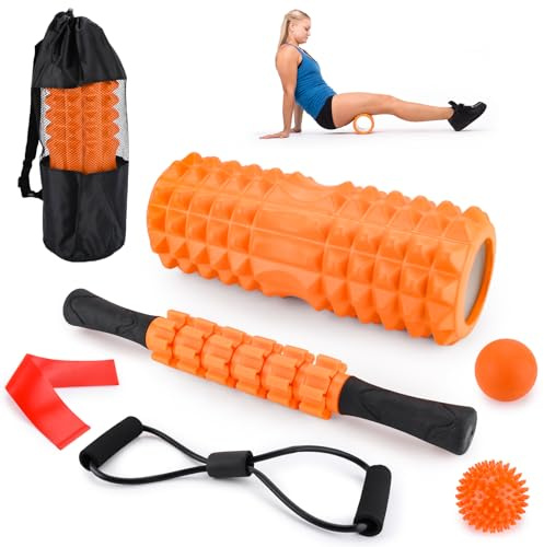 BBWELL Foam Roller 7 en 1,PP/EVA Rodillo Masaje Muscular con Rodillo de Espuma,Palos de Masaje,Bola de Masaje,Banda de Resistencia,Bolsa para Masaje Muscular de Tejido Profundo Pilates Yoga