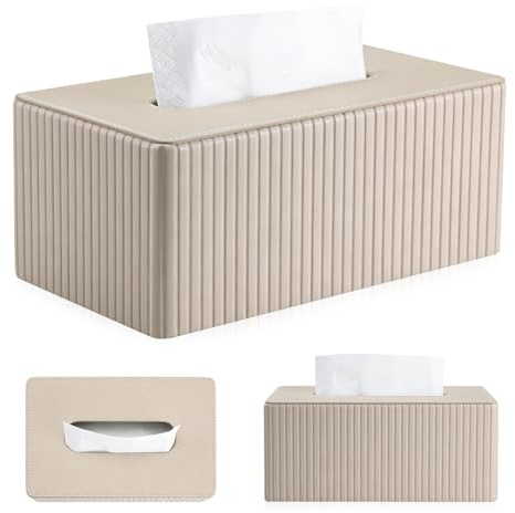 MFUSUL PU Leder Taschentuchbox Beige Rechteckig,Wiederverwendbare Kosmetiktücher Box für Wohnzimmer Badezimmer Büro Deko (25x14x9cm)
