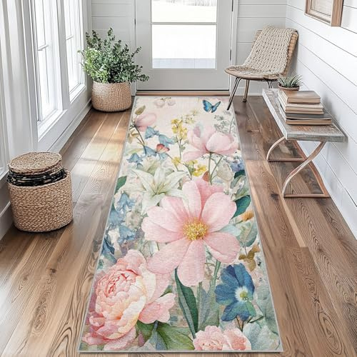 Teppich Läufer Flur Rosa Blumenmuster, Waschbar Teppich Läufer Schmetterling 80 x 300 cm rutschfest Teppichläufer Küchenläufer für Eingang Korridor Bettvorleger Schlafzimmer Deko, Kurzflor o&E310