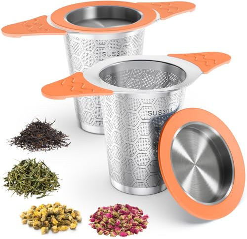 Yomanta Infuseur Thé 2 pièces - Filtre à Thé en Acier Inoxydable 304, Poignée et Couvercle en Silicone, Maille Fine de 0,4 mm, Infuseur pour Tasses et Théières - orange