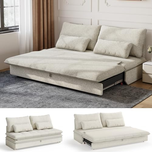 Devoko Sofa mit Schlaffunktion 190 x 157 Ausziehbares Schlafsofa mit Bettkasten Kleine 2 Sitzer Chenille Couch Klappsofa Schlafcouch mit Stauraum für Wohnung und Wohnzimmer, Beige