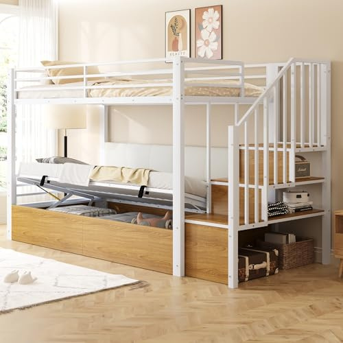 ECLIVON Kinderbett Etagenbett 90x200, Hochbett mit Hydraulisch Stauraum und Treppe, Hausbett mit Rückenlehne aus PU, Metall Bett Bettgestell mit Lattenrost und Rausfallschutz, Ohne Matratze (Weiß)