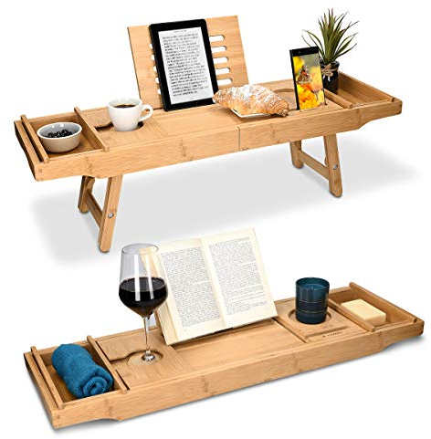 Navaris Vassoio Vasca Colazione Letto - Mensola Vasca da Bagno in bambù - Mensola Allungabile 75cm-108cm con Leggìo Integrato Vani Laterali - Legno