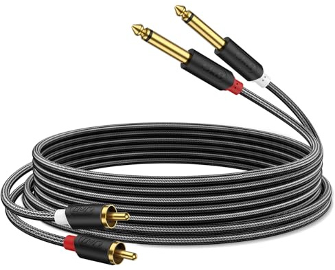J&D 2x 6,35 mm zu 2RCA Kabel, Gold-Plated [AudioWave-Serie] 2 x 6,35mm 1/4 Männlich TS zu 2 RCA Männlich Stereo Audio Adapter Y-Splitter-Cinch-Kabel mit PVC-Überzug und Nylon Braid - 0.9 Meter