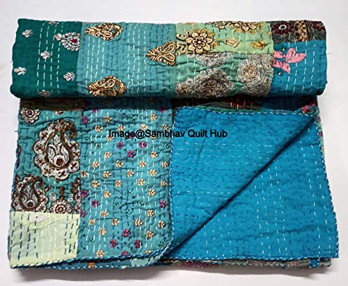 Coperta patchwork vintage per bambini, coperta per bambini, 150 x 170 cm, ultra morbida e confortevole, coperta trapuntata in cotone Kantha Baby Balnket (turchese)