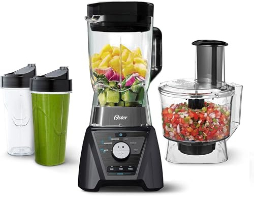 Oster Blender and Food Processor Combo with 3 Settings for Smoothies, Shakes, and Food Chopping, Includes 2 24-Ounce Cups and Lids, Carbon Grey