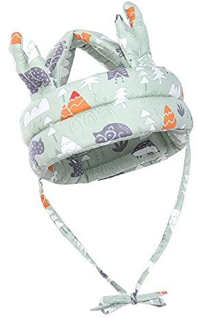Baby säkerhetshatt, mjuk och bekväm hjälm för spädbarn som kryper, justerbar design, lämplig för spädbarn att lära sig gå, gå och springa (grönt djurmönster)