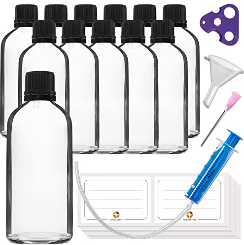 HandsUnity 100ml-12 pièces de Flacon à Insert Compte-Gouttes - Flacon en Verre Transparent de Type Apothicaire avec Bouchon à Insert Compte-Gouttes Noir en Verre Clair Comprenant 30 Accessoires