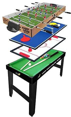 Sport1 Maxi Supertable calcetto multigioco 4 in 1. Calcetto balilla misure 122x60x81,5cm. Bigliardino da casa multiuso: calcetto 4 vs 4, ping pong, hockey, biliardo. Completo di accessori. Idea regalo