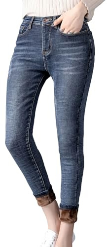 SKYWPOJU Thermojeans Damen Winterhose Thermohose Leggings mit Innenfleece Winterhose Warm Gefütterte Jeans Straight Hose mit Weitem Gummizug Band Jeans Fleece Treggings Damen…