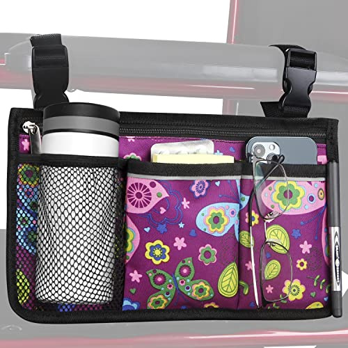 HSGEZUOQI Wheelchair Side Bag, Upgrade Flower Color Armrest Storage Pouch with Cup Holder and Reflective Strip Use of Waterproof Fabric, for Most Wheelchairs, Walkers or Rollators (Purple Butterfly)