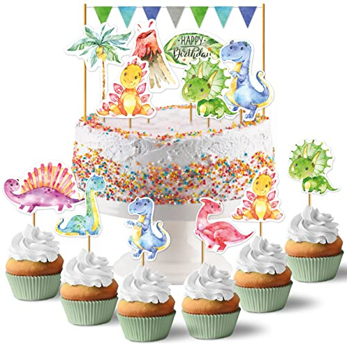 Papierdrachen Cake Topper Dino - Kuchendekoration Kuchen Topper 19-teilig - Decor Pins für Geburtstagskuchen - Kindergeburtstag Tortendeko - Set 4
