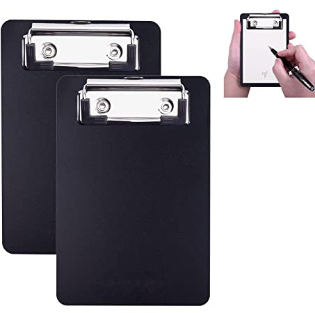 AZWOOD - Mini portapapeles de plástico de 10 x 15 cm, con soporte para bolígrafo, para bloc de notas, recibos, listas de bolsillo (negro, 2 unidades)