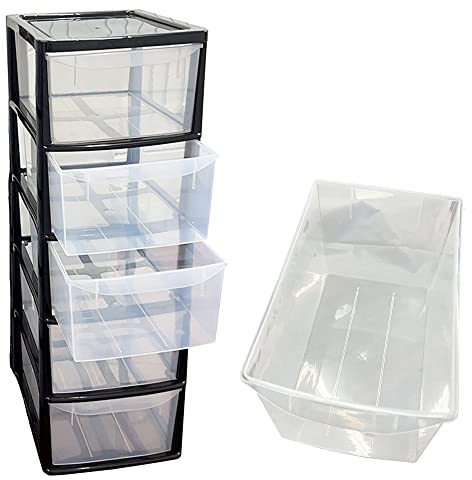 Home Office Multipurpose Black Frame 5 Drawer | Clear Modular Plastic Utility Storage Tower