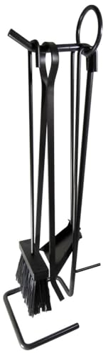 Set Attrezzi da Camino, 5 Accessori, Base Portutensili con Paletta, Pinza, Attizzatoio, Spazzola, In Ferro Battuto, cm. 13,5x13,5x52 h, Nero - MADE IN ITALY