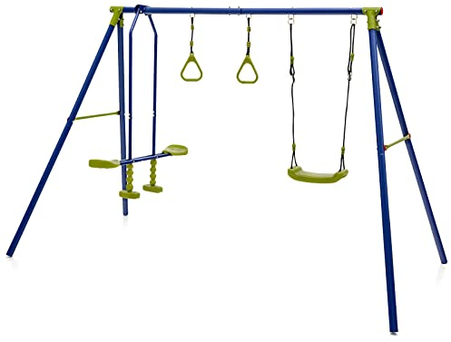 GYMAX Kids Swing Set, Metal Swing A-Frame with Swings and Glider, Outdoor Children Playground Playset for Garden (3 in 1: 284 x 143 x 177cm)