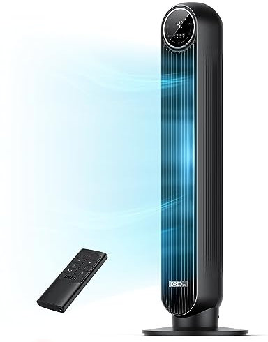 Dreo Silent Tower Fan, 24ft/s Velocity Electric Cooling Fan with Remote Control 90° Oscillating 4 Speeds 4 Modes 8H Timer LED Display, 34dB Quiet Standing Bladeless Floor Fans for Bedroom, Black