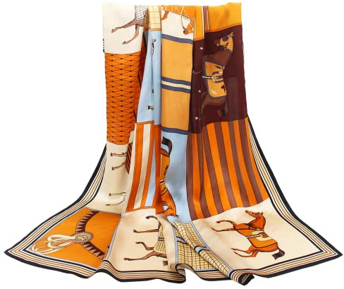 ANDANTINO Schal aus 100% reiner Maulbeerseide, 88,9 cm, groß, quadratisch, leicht, Kopftuch, Damen-Haarwickel mit Geschenkverpackung, Blau-braune Pferde, Large