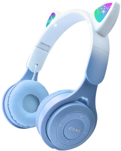 Joso Casque 2 en 1 pour enfants, casque filaire/sans fil avec microphone pour filles et garçons, casque pliable avec oreilles de chat avec volume limité pour enfants à partir de 5 ans (bleu)