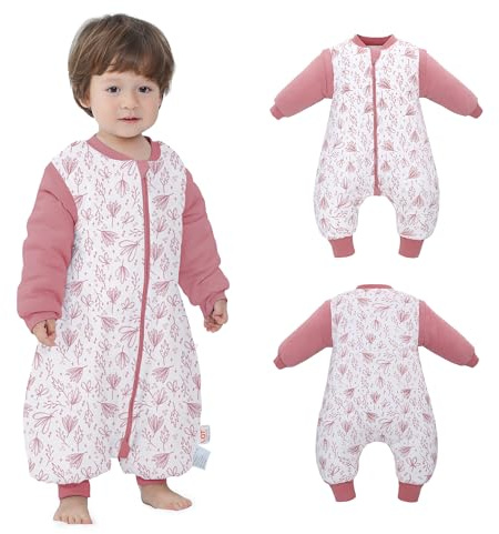 Sacco nanna invernale con piedi, a maniche lunghe, sacco a pelo per bambini, con maniche rimovibili, 2,5 tog, per autunno e inverno, per bambini da 1 a 3 anni, da 70 a 90 cm, 100% cotone biologico,