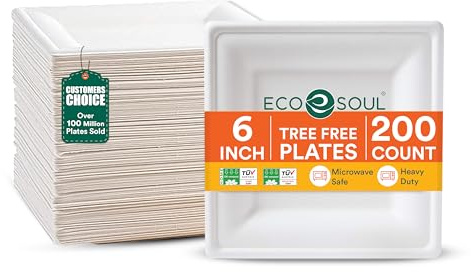 ECO SOUL Pearl White Square 6” (15cm) Bagasse Pappteller (200 Stück) Einweggeschirr und 100% Kompostierbares, Umweltfreundlich Partygeschirr, Robust Campinggeschirr, Mikrowellen- und Ofenfest