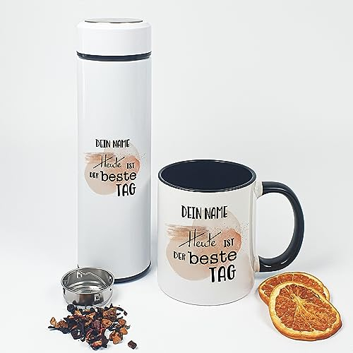 GRAZDesign Tee Geschenkset Teeflasche mit Sieb to go inkl. Tasse mit Name personalisiert | Geschenke für Teetrinker zu Weihnachten, Geburtstag, Muttertag Edelstahl 500ml