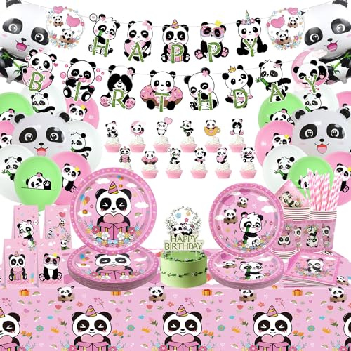 Obussgar Panda Geburtstag Dekorationen - Banner, Teller, Tassen, Tischtücher, Ballons für Mädchen Party (B)