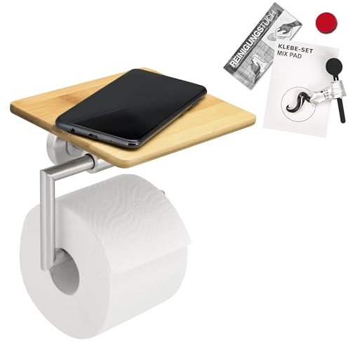 bremermann Bad-Serie Piazza Bambus- Toilettenpapierhalter mit Bambusablage 2in1 inkl. Klebeset, Toilettenpapierrollenhalter, WC-Rollenhalter, Toiletpaper Holder, aus Bambus und Edelstahl matt