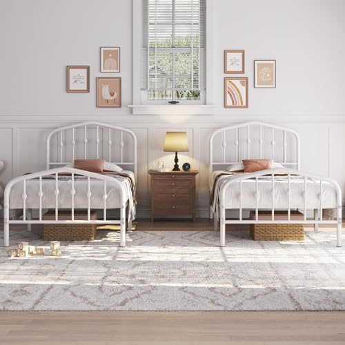 Yaheetech 2er Set 90 x 200 cm, Vintage Metallbett mit kronenförmigem Kopfteil, Stabiles Bettgestell Einzelbett aus Metall, Robust & Leichte Montage Gästebett Jugendbett Tagesbett, Weiß