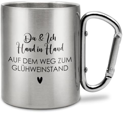 Prozente Momente Hand in Hand zum Glühweinstand | Edelstahl-Trinkbecher mit Karabinerhaken | Geschenkidee | 330 ml | Becher | Camping | Vereine | Silber