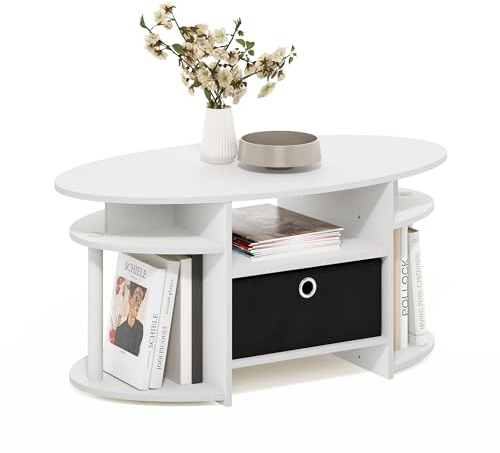 Furinno JAYA Coffee Table, Oval Modern Coffee Table with Shelves and Storage Bin, Side Table, for Living Room, Bedroom, Home Office, White