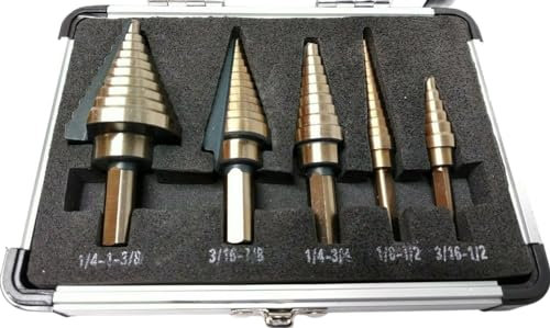5 tlg Profi Stufenbohrer Set 3-35mm HSS (Hochleistungsschnellstahl) Titanbeschichtet Kegelbohrer Schälbohrer Titan in Alu Case