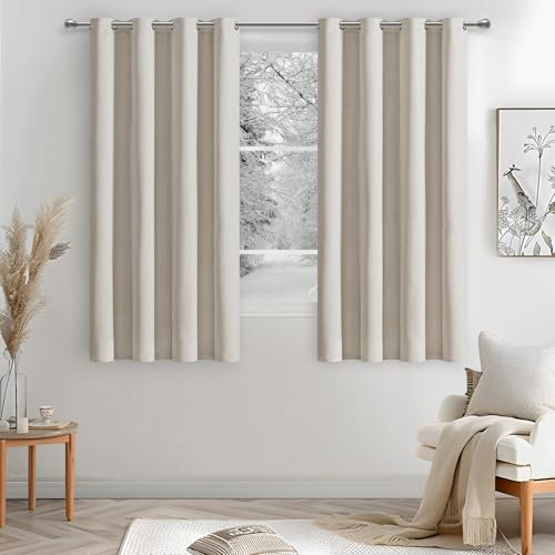 MRTREES 100% Blackout Curtains, Linen Blackout Curtains Beige Curtains 54 Inch Drop for Bedroom Living Room 2 Panels, Beige, 46x54 Inch 117x137 CM