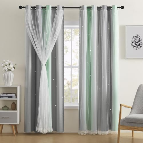 XiDi, Tende oscuranti per camera da letto e camera dei bambini, con adesivi da parete con unicorno, arcobaleno, 86 x 160 cm, 1 pannello, colore: verde e grigio chiaro