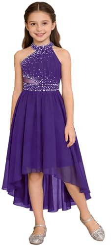 Miaeowve Enfant Fille Robe Soirée Princesse à Strass Brillant Asymétrique Robe Demoiselle Honneur Mariage Cérémonie Robes de Fête Bal 5-16 Ans