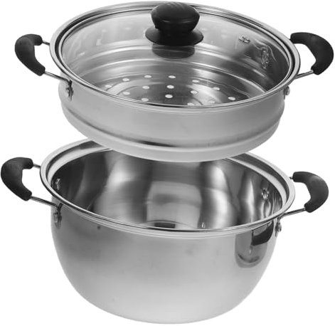 FELTECHELECTR 20cm Double Layer Stainless Steel Steam Pot and Soup Stockpot Induction Compatible Rustproof Home Kitchen Cooking Steamer Random Style